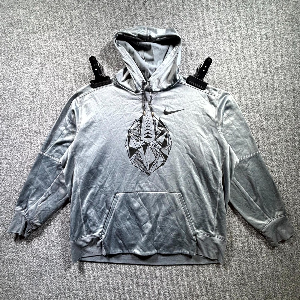 Nike Football Hoodie Mens 2XL Gray Geometric Diamond Print Lined Pullover Swoosh